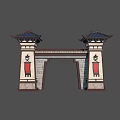 Traditional Chinese Entrance Gate With Ornate Roof Red Banners And Stone Carvings