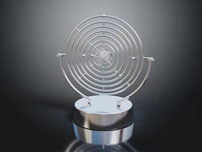 Silver Metallic Decorative Ornament Set With Modern Spiral Ring Design And Circular Base 3d model