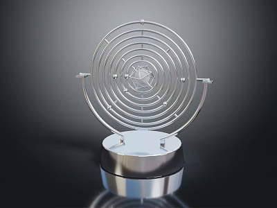 Silver Metallic Decorative Ornament Set With Modern Spiral Ring Design And Circular Base 3d model