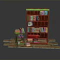 Brown Wooden Bookshelf With Stacked Books Small Stool And Wooden Floor Planks