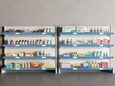 Organized Medical Supplies Shelves With Various Medicines In Pharmacy Storage Area 3d model