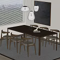 Dark Wood Dining Table Set With Six Light Upholstered Chairs Window Blinds And Lamp