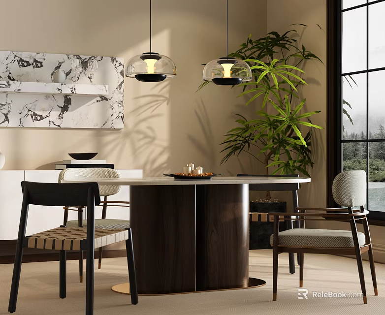Modern Dining Table Combination With Round Table Chairs Pendant Lights Green Plant And Window View 3d model 