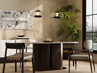 Modern Dining Table Combination With Round Table Chairs Pendant Lights Green Plant And Window View 3d model
