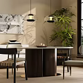 Modern Dining Table Combination With Round Table Chairs Pendant Lights Green Plant And Window View
