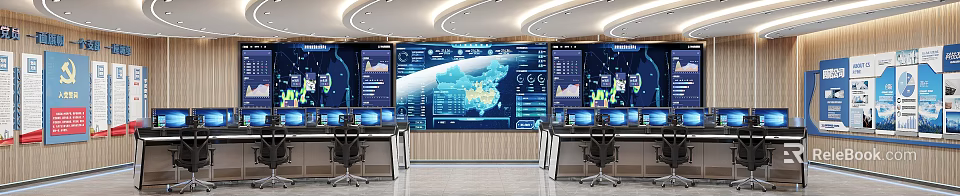 Modern High Tech Monitoring Control Room With Big Data Visualization Screens And Operator Workstations 3d model 