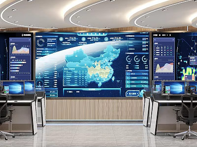 Modern High Tech Monitoring Control Room With Big Data Visualization Screens And Operator Workstations 3d model