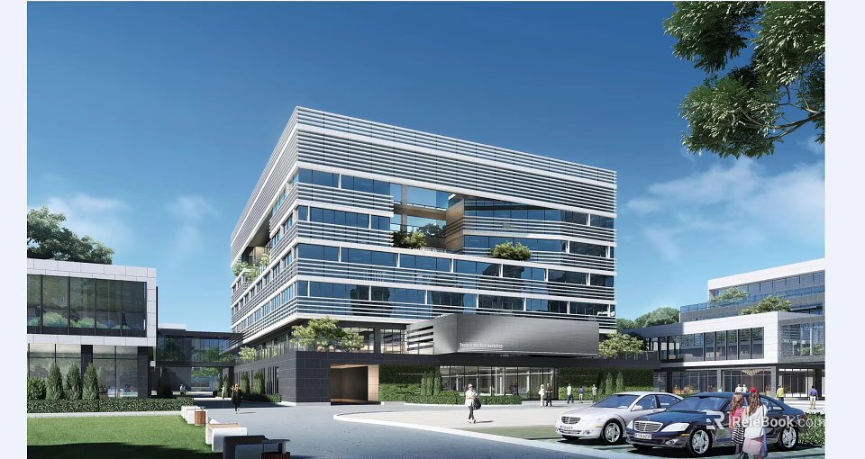 Modern Industrial Factory Building With Glass Windows Multi Storey Structure Greenery And Parking Area 3d model 