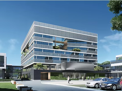 Modern Industrial Factory Building With Glass Windows Multi Storey Structure Greenery And Parking Area 3d model