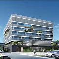 Modern Industrial Factory Building With Glass Windows Multi Storey Structure Greenery And Parking Area
