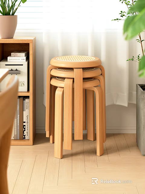 Stackable Natural Wood Stools With Woven Seat For Modern Home Interior 3d model 