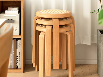 Stackable Natural Wood Stools With Woven Seat For Modern Home Interior 3d model