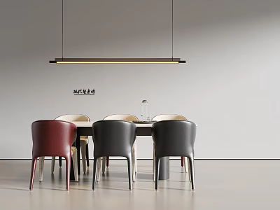 Modern Minimalist Dining Interior With Round Table Multi Colored Chairs And Pendant Light 3d model