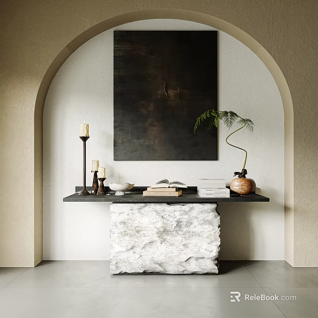 Elegant Entryway Hall With Arched Design Dark Painting Books Candles And Stone Table 3d model 