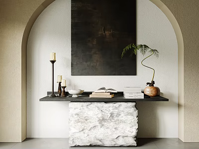 Elegant Entryway Hall With Arched Design Dark Painting Books Candles And Stone Table 3d model