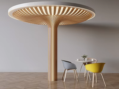 Wooden Column With Round Mushroom Canopy And Small Table Flowers Gray Yellow Chairs Wooden Floor 3d model