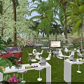 Garden Landscape With Palm Trees Green Plants Outdoor White Tables Chairs And Red Car