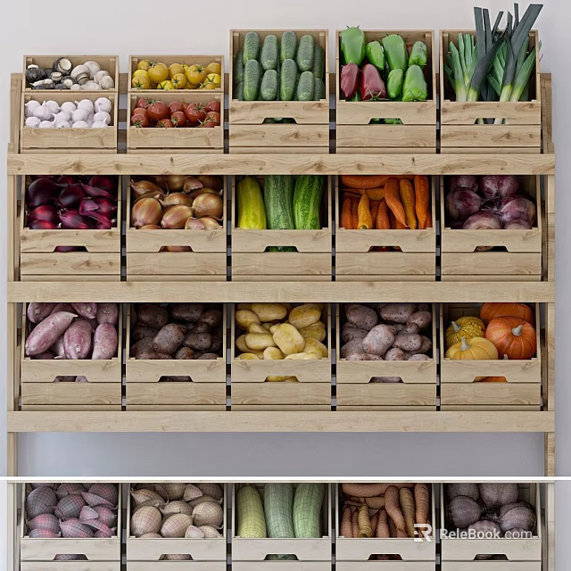 Wooden Vegetable Shelves With Neatly Arranged Fresh Produce And Various Veggies 3d model 