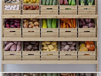 Wooden Vegetable Shelves With Neatly Arranged Fresh Produce And Various Veggies 3d model