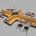 Yellow Upholstered Booth Seating In Modern Restaurant With Dining Tables And Tableware 3d model