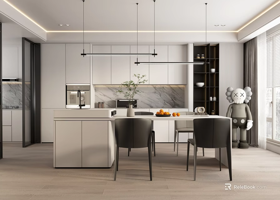 Elegant Modern Restaurant Interior Featuring Open Kitchen Island Counter Dining Chairs And Pendant Lights 3d model 