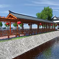 Traditional Chinese Garden Landscape With Wooden Corridor Red Lanterns Willow Trees And Waterfront Reflections