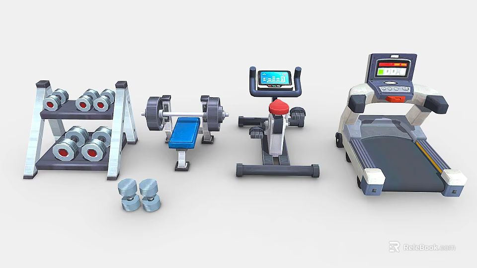 Fitness Sports Equipment Set With Dumbbells Barbell Exercise Bike And Treadmill 3d model 