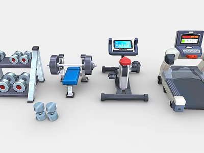 Fitness Sports Equipment Set With Dumbbells Barbell Exercise Bike And Treadmill 3d model