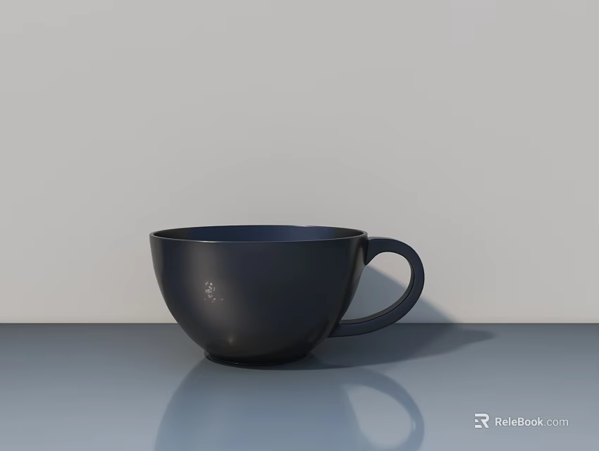 Minimalist Black Ceramic Teacup With Handle On Gray Reflective Tabletop Light Colored Background 3d model 