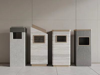 Modern Style Trash Bins With Different Designs And Materials Placed Against The Wall 3d model