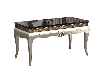 Elegant Vintage Silver Desk With Carved Legs Drawers And Black Glass Tabletop 3d model
