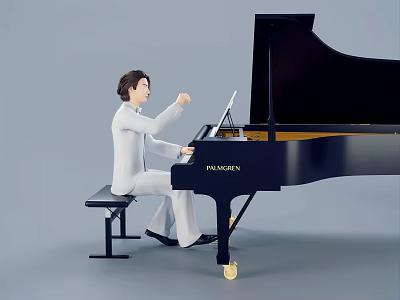 A Man In White Outfit Playing Black Grand Piano With Passionate Hands 3d model