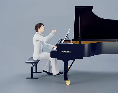 A Man In White Outfit Playing Black Grand Piano With Passionate Hands 3d model