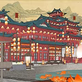Ancient Chinese Architecture With Traditional Lanterns Red Decorations And Mountain Landscape