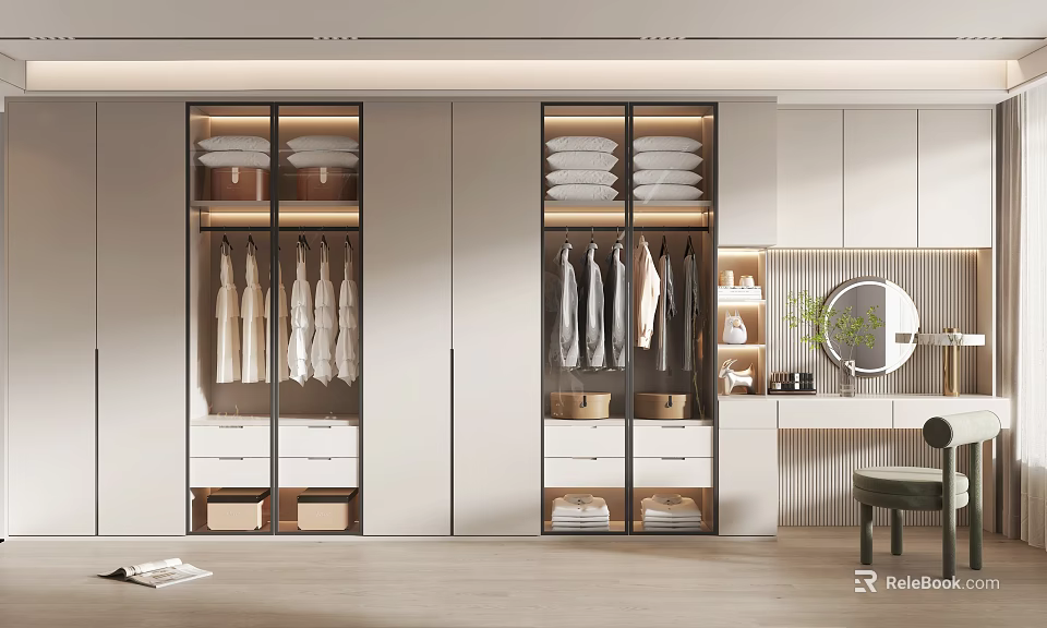 Modern Walk in Closet Interior With Open Shelves Hanging Rods Drawers And Mirror 3d model 