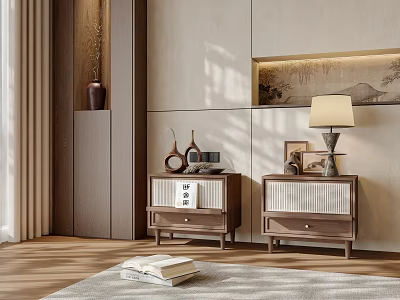 Two Modern Wooden Bedside Tables with Lamp Decorative Items and Drawers in Bedroom Interior 3d model