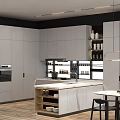 Modern Kitchen Interior With White Cabinets Island Black Dining Chairs Pendant Light And Wooden Floor