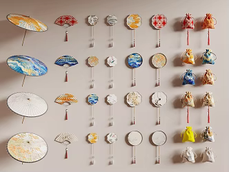 Chinese Sachet Fan Oil Paper Umbrella Bag Wall Decorations Pendant 3d model