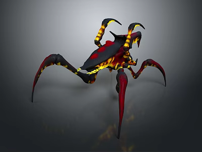 Fantasy Spider Like Creature With Red Black Body And Yellow Striped Legs 3d model