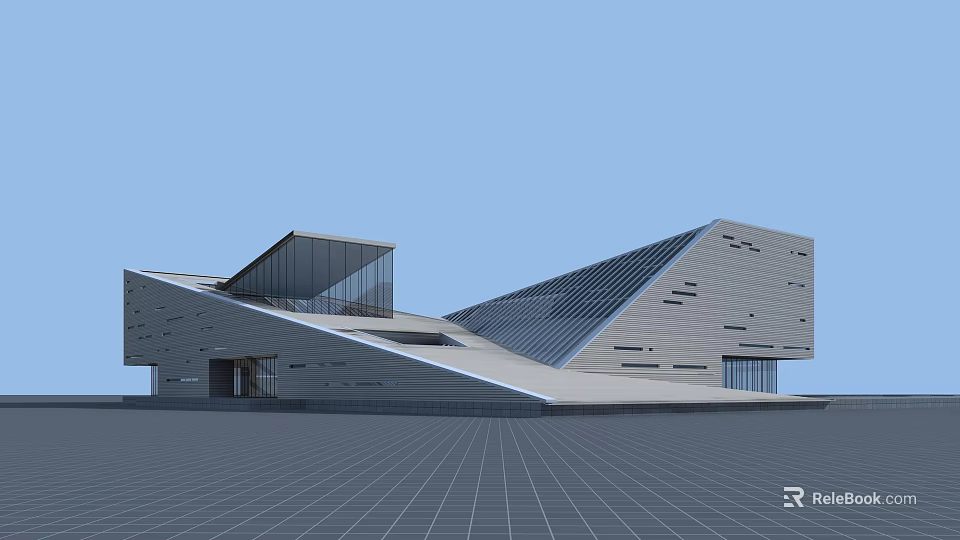 Modern Geometric Building Exterior Design With Sloped Roof Glass Curtain Wall And Stone Facade 3d model 