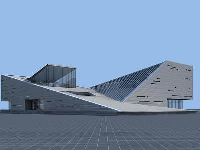 Modern Geometric Building Exterior Design With Sloped Roof Glass Curtain Wall And Stone Facade 3d model