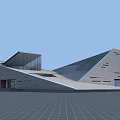 Modern Geometric Building Exterior Design With Sloped Roof Glass Curtain Wall And Stone Facade