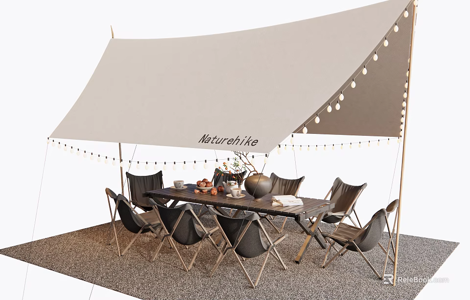 Outdoor Camping Tent Setup With String Lights Table And Chairs For Gathering 3d model