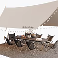 Outdoor Camping Tent Setup With String Lights Table And Chairs For Gathering 3d model