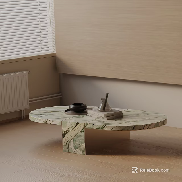 Minimalist Modern Sofa and Marble Coffee Table Set with Light Wood Wall and Window Blinds 3d model 