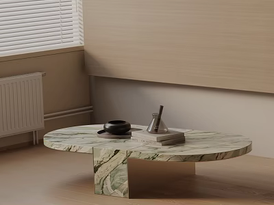 Minimalist Modern Sofa and Marble Coffee Table Set with Light Wood Wall and Window Blinds 3d model