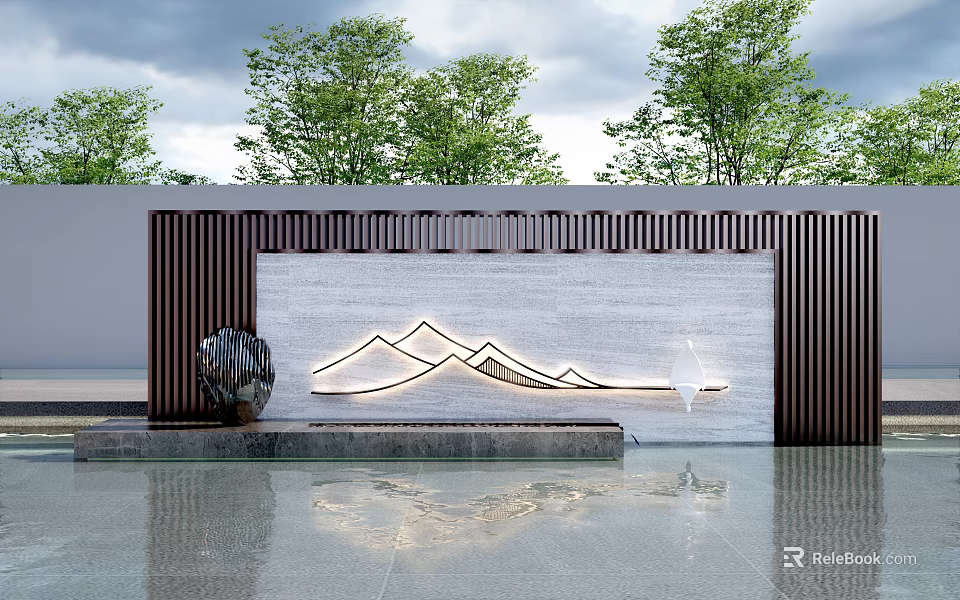 Modern Feature Wall With Illuminated Mountain Pattern Trees In Background And Water Reflection 3d model 