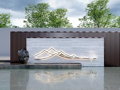 Modern Feature Wall With Illuminated Mountain Pattern Trees In Background And Water Reflection 3d model