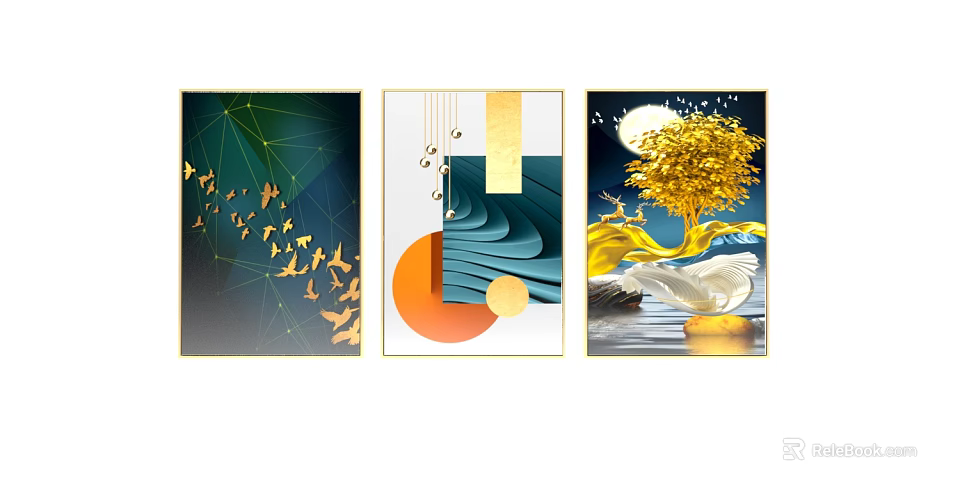 Modern Decorative Triptych Paintings With Gold Elements Geometric Patterns And Natural Motifs 3d model
