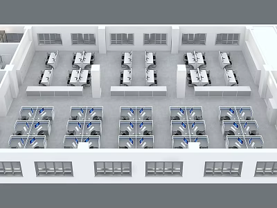 Aerial View Of Office Workspace With Arranged Desks And Chairs Interior Layout 3d model
